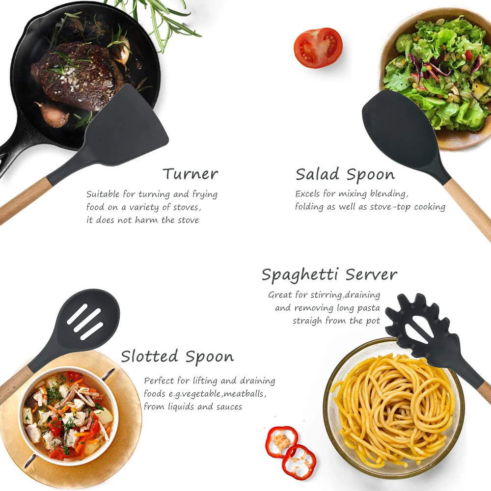 Amazon Hot Seller Natural Heat Resistant 8 Pieces Smart Silicone Utensils Kitchen Non-Stick Baking Tool