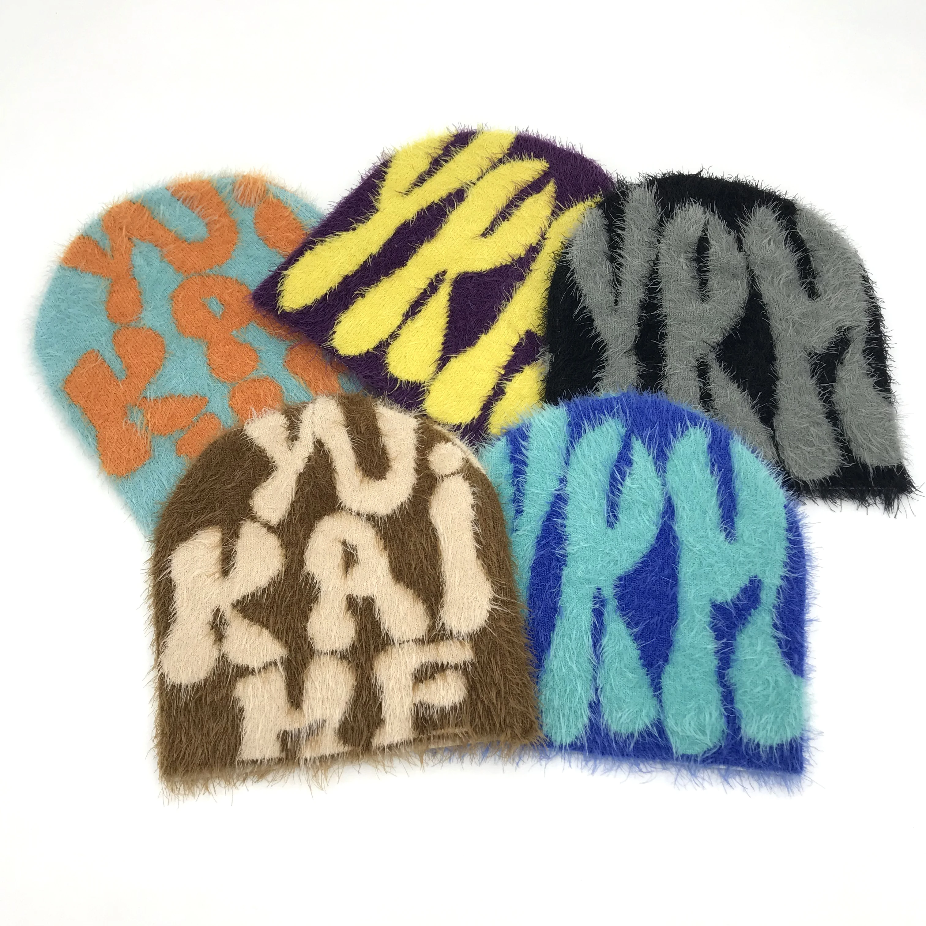 Custom Logo Jaquards Y2K All Over Print Logo Beanies Acrylic High Quality Knit Premium Jacquard Mohair Beanie Hat