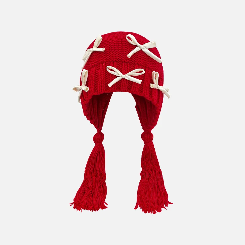 Custom Earflap Beanie Bow Tassel Knitted Hood Earflap Hats Winter Angora Knit Beanie Plush Hats