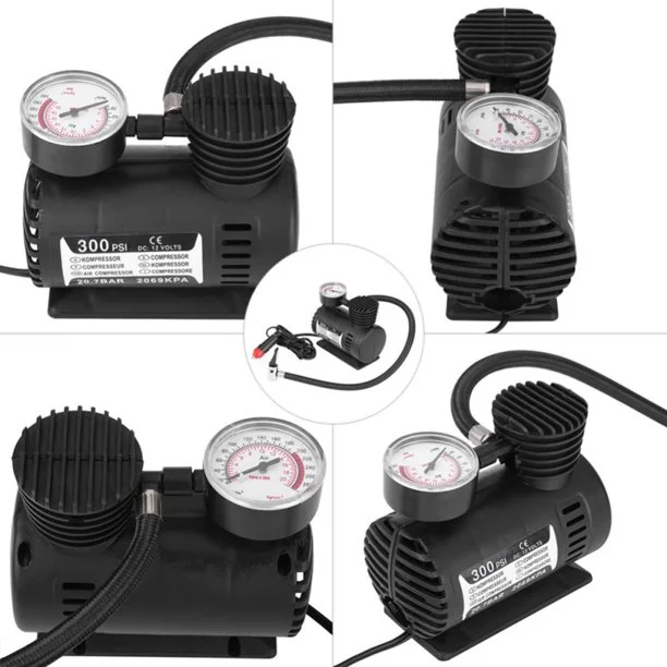 12V Electric Tire Inflator Car Motorcycle Air Tire Pump with Gauge Light Portable Mini Single Cylinder Air Compressor Black 12