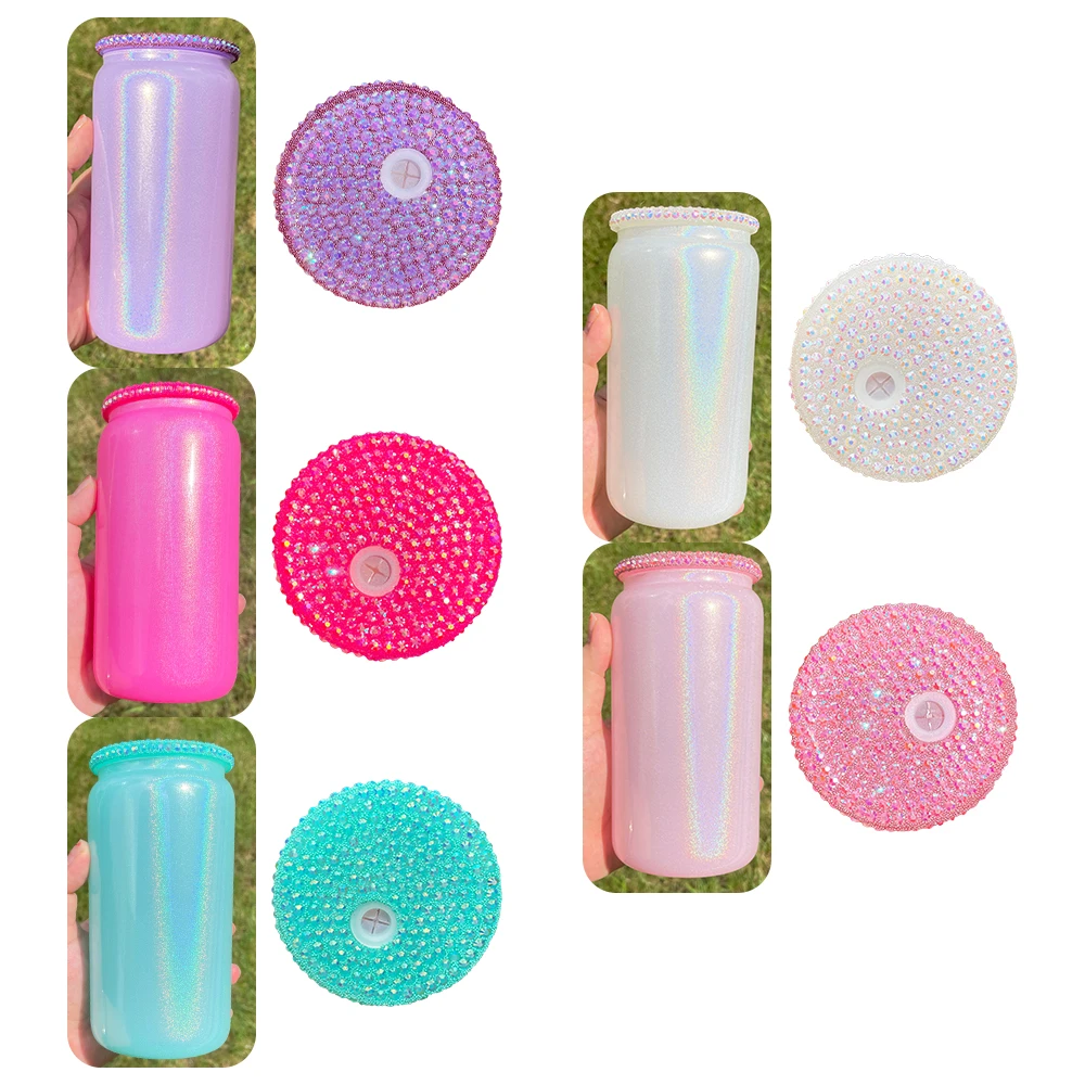 rhinestone bling Acrylic lids for 16oz 20oz glass can colorful shiny lid for 12oz 15oz double wall snow globe glass can