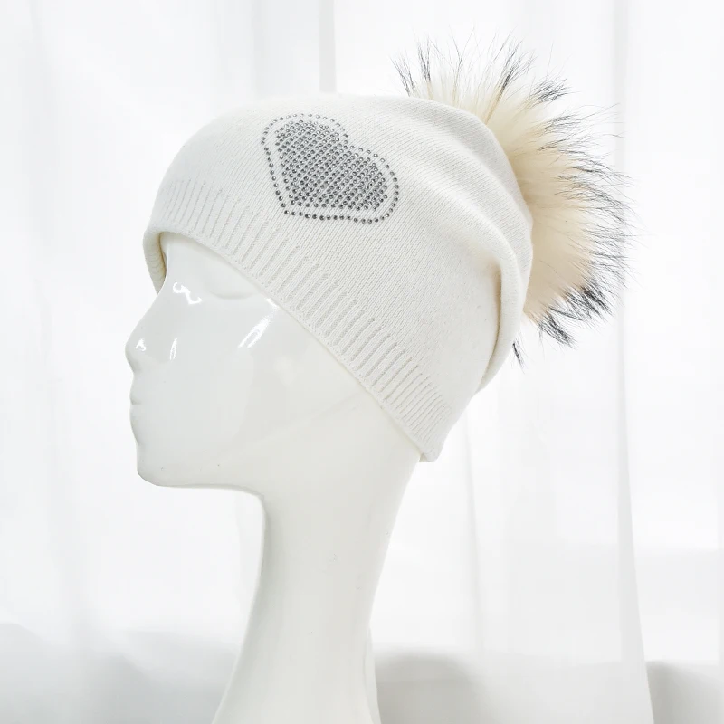 Wholesale Winter Knitted Beanie for Women Glitter Gems Stars Pattern Hat Outdoor Soft Wool Knitted Real Fur Pompom beanie Hat