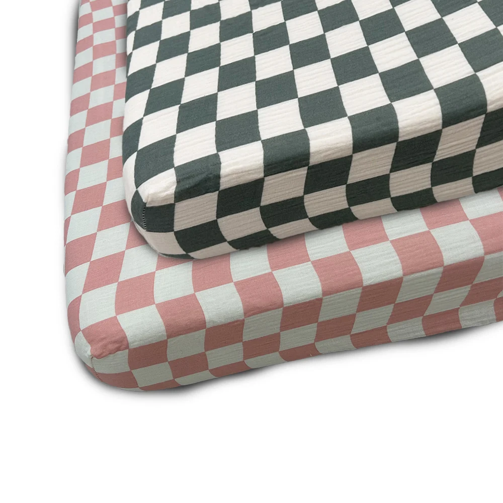 Mildream 100% Organic Cotton Jersey Knit Crib Fitted Sheet Soft Stretch Gingham Plaid Mini Cot Bassinet Sheets for Baby
