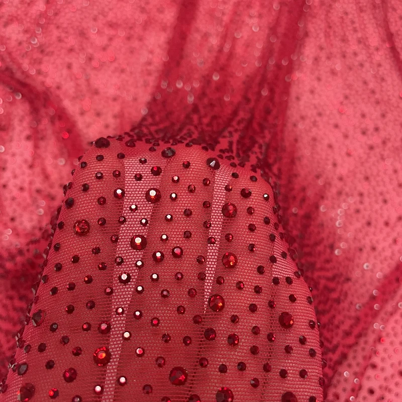 Dress Production Accessories Gorgeous Red Crystal Multi-size Rhinestones Power Mesh Fabric
