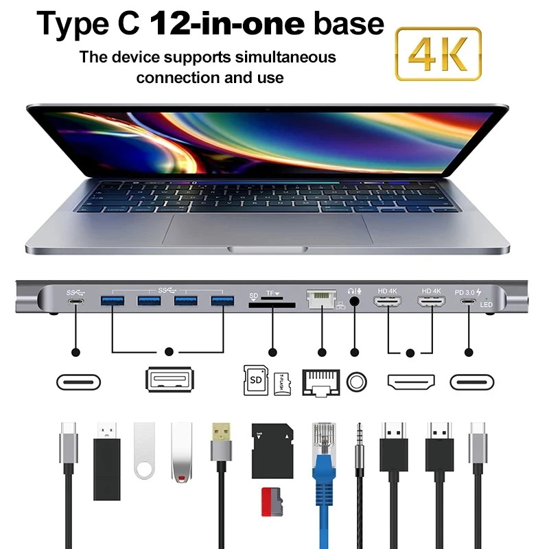 12 в 1 Многофункциональный USB Hub 3,0 Type-C Адаптер Hub Док-станция для HD-MI 4K PD3.0 док-станции для ноутбуков MacBook