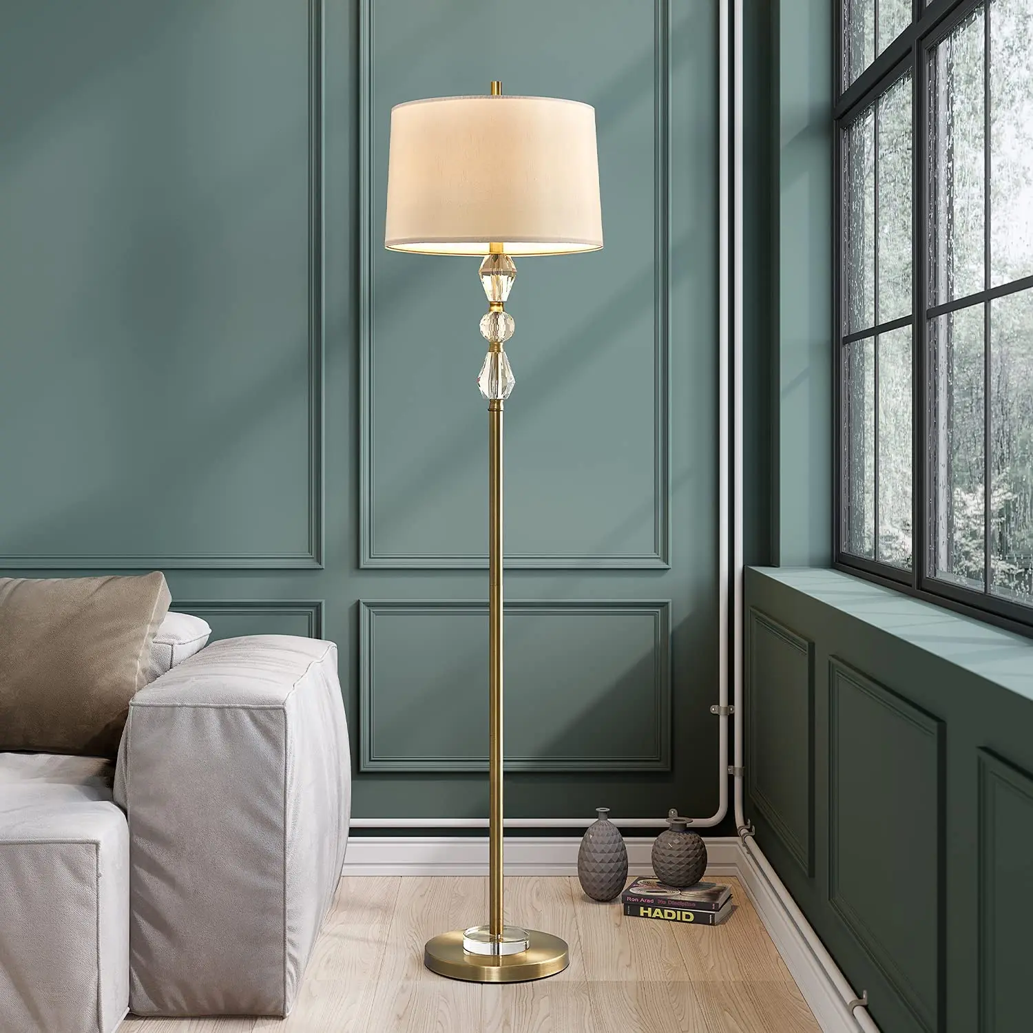 Modern Crystal Stacked Ball Floor Lamp Reading Antique Copper White Fabric Shade for Living