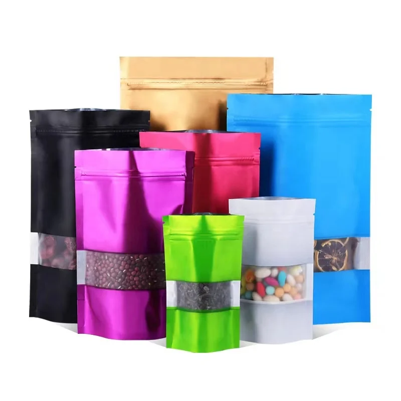 Frosted matte reusable ziplock colorful aluminum foil zipper open window stand up plastic packaging bags