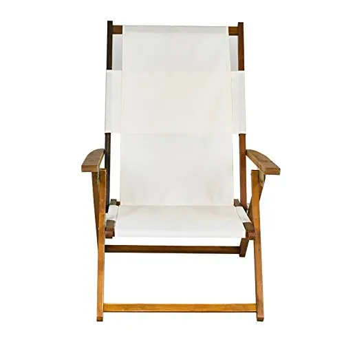 White Fabric Wood Folding Beach Chair with Carry Strap perfect for Deck Patio Lawn and Camping