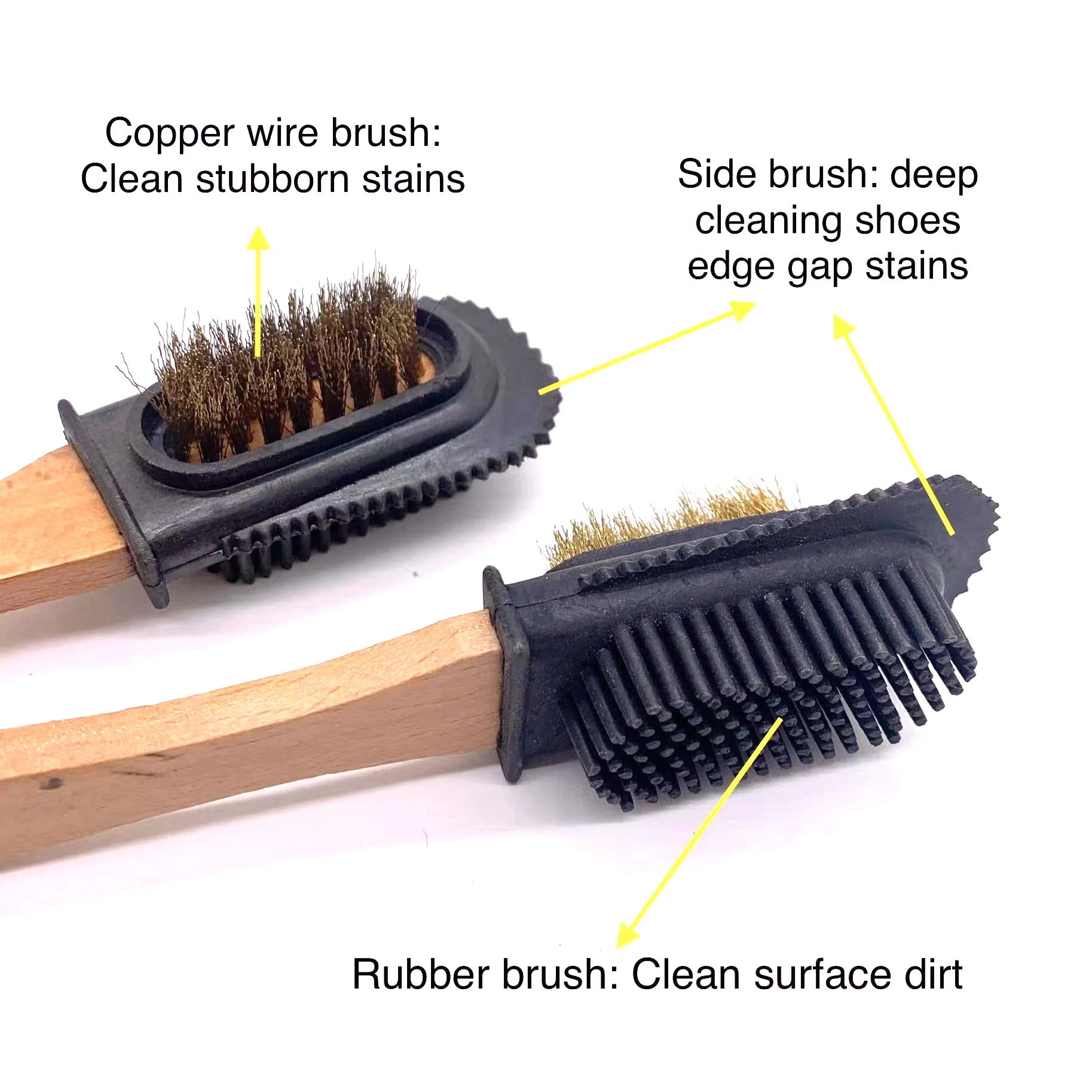 Wholesale multifunctional suede leather shoe brush three in one wooden handle Strong decontamination shoe cleaning brush
