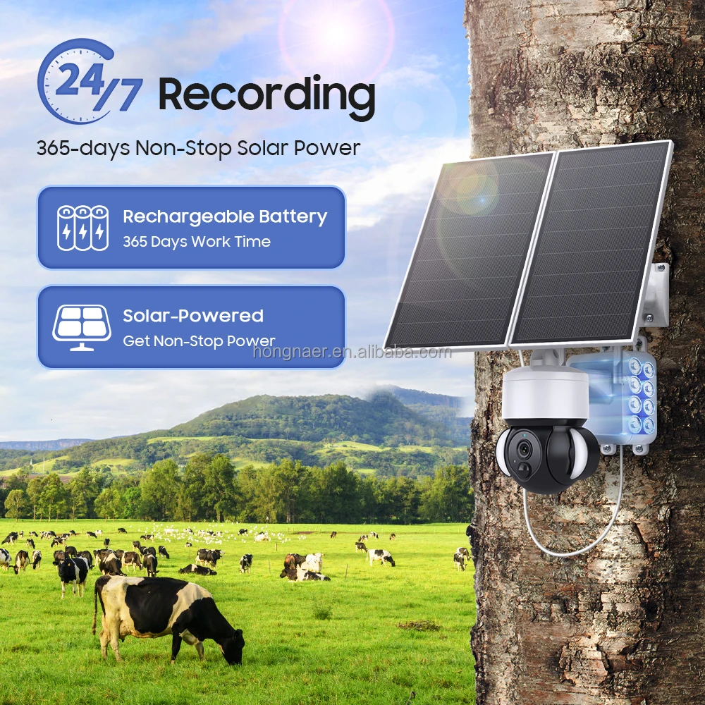 Hongnaer 3MP AOV 7/24 Record Wireless 4G Solar Panel Powered PTZ Camera 360 Ubox Outdoor 4G Sim Card CCTV Solar Security Camera