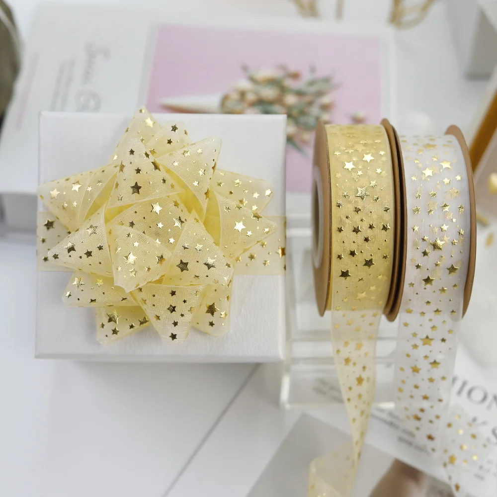 Factory wholesale sheer ribbons 3d gold foiled print embroidered custom logo lace printed organza ribbon roll