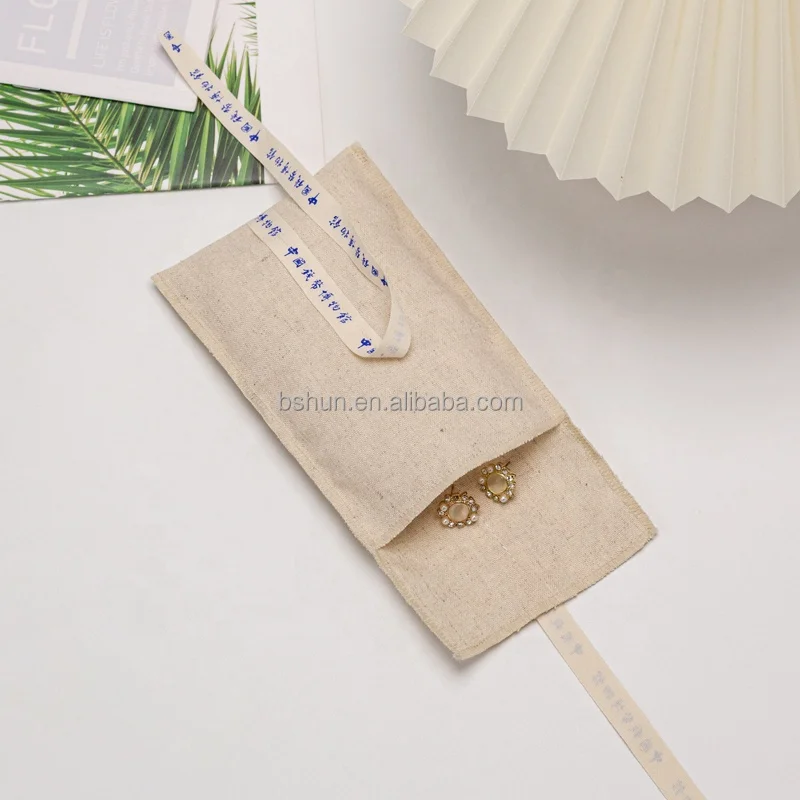 Eco Friendly Custom Logo Printed Soft Recycle Reusable Natural Cotton Linen Gift Envelope Flap Bag