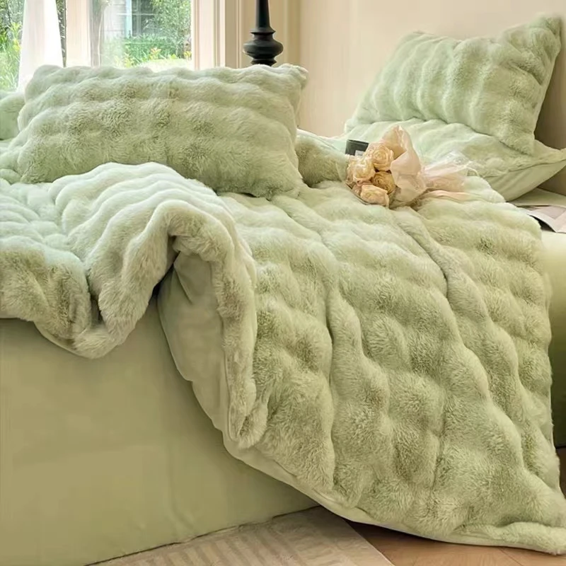 Hot Selling Luxurious and Comfort faux rabbit fur bubble Duvet Cover Set  for Bedroom