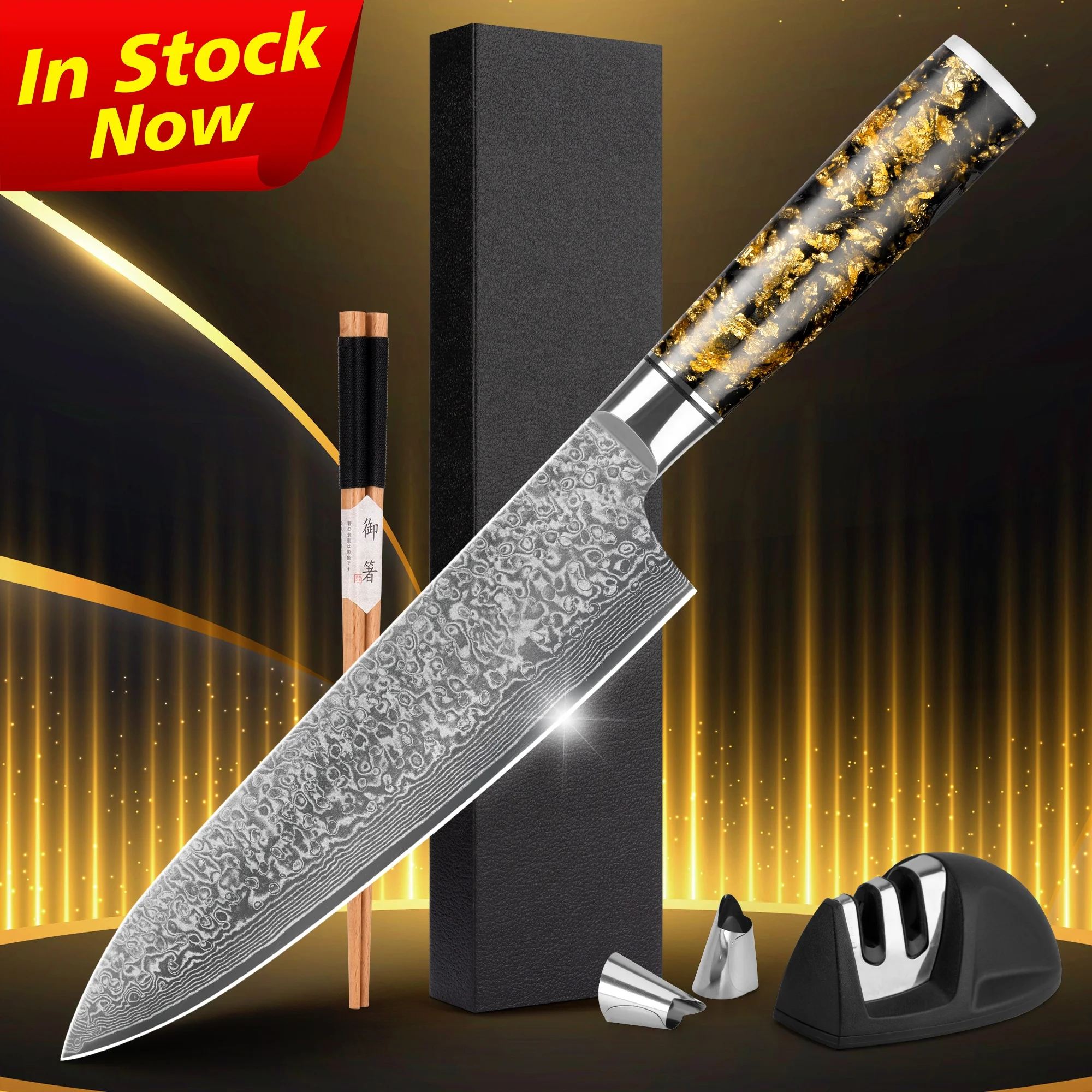 Gold Foil Carbon Fiber Handle 8 Inch Japanese vg10 67 layers Damascus steel kitchen chef knife with lifetime guarantee