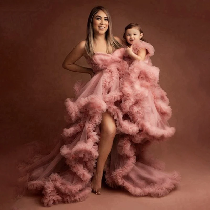 Mommy And Me maternity dress low-cut long tail gauze wedding Mother Daughter dress Tulle Ruffle Maternity Robe for Photography
