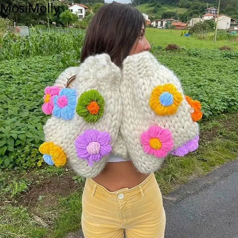 VSCOO ready to ship hand made women long sleeve cardigan flowers crochet v neck  handmade wool sweaters