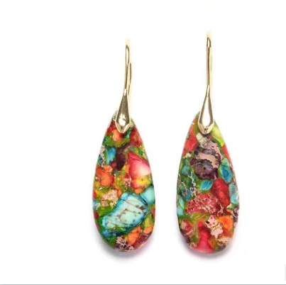 Bohemian Natural Stones Drop Earrings for Women Teardrop Jasper Dangle Red Earring Handmade Artist Jewelry