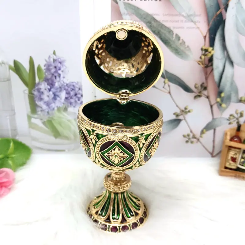 SHINNYGIFTS Easter Gift Green color Faberge egg jewelry box Enamel Vintage Egg Trinket Box