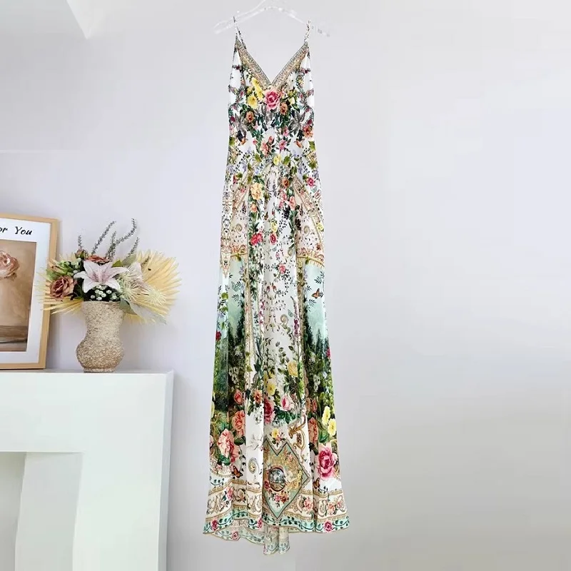 100%Silk Long Dress 2024 Summer Luxury Women Colorful Floral Print Beading Deco Sleeveless Casual Floor Length Dress Beach Maxi