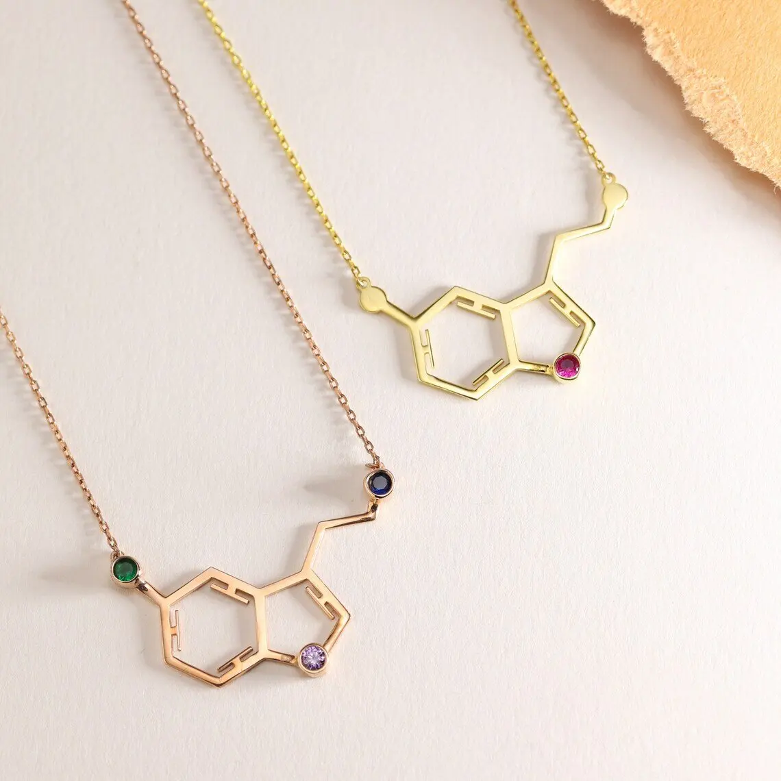 Best Seller Molecule Chemistry Pendant With Birthstone Gold Necklace Stainless Steel Science Jewelry Plated Serotonin Necklace