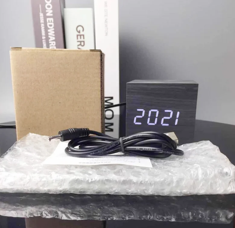 Small square wooden alarm clock living room bedside digital clock  voice-activated intelligent desktop electronic