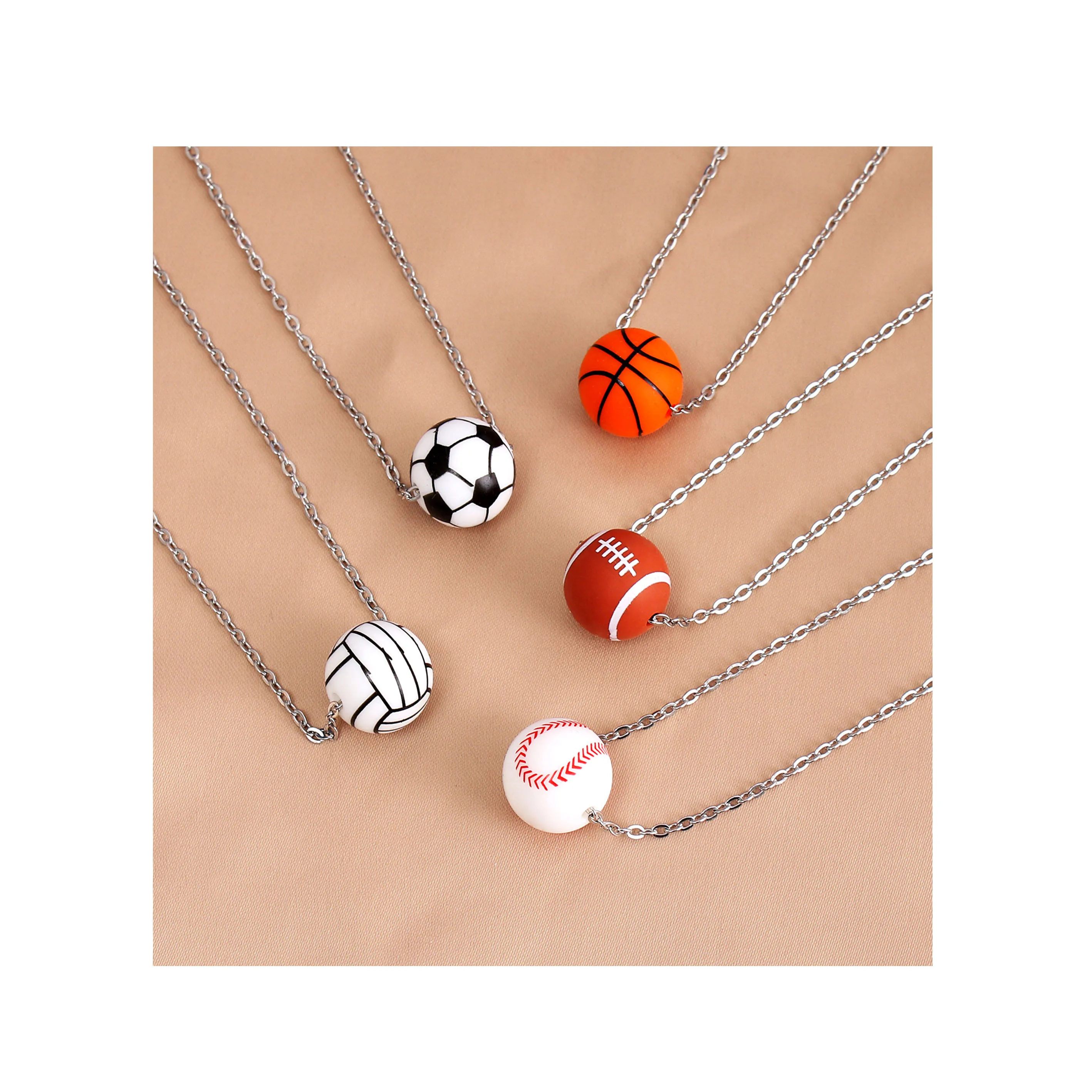 Wholesale New Sports Jewelry Silicone Basketball Football Volleyball Pendant Stainless Steel Necklace