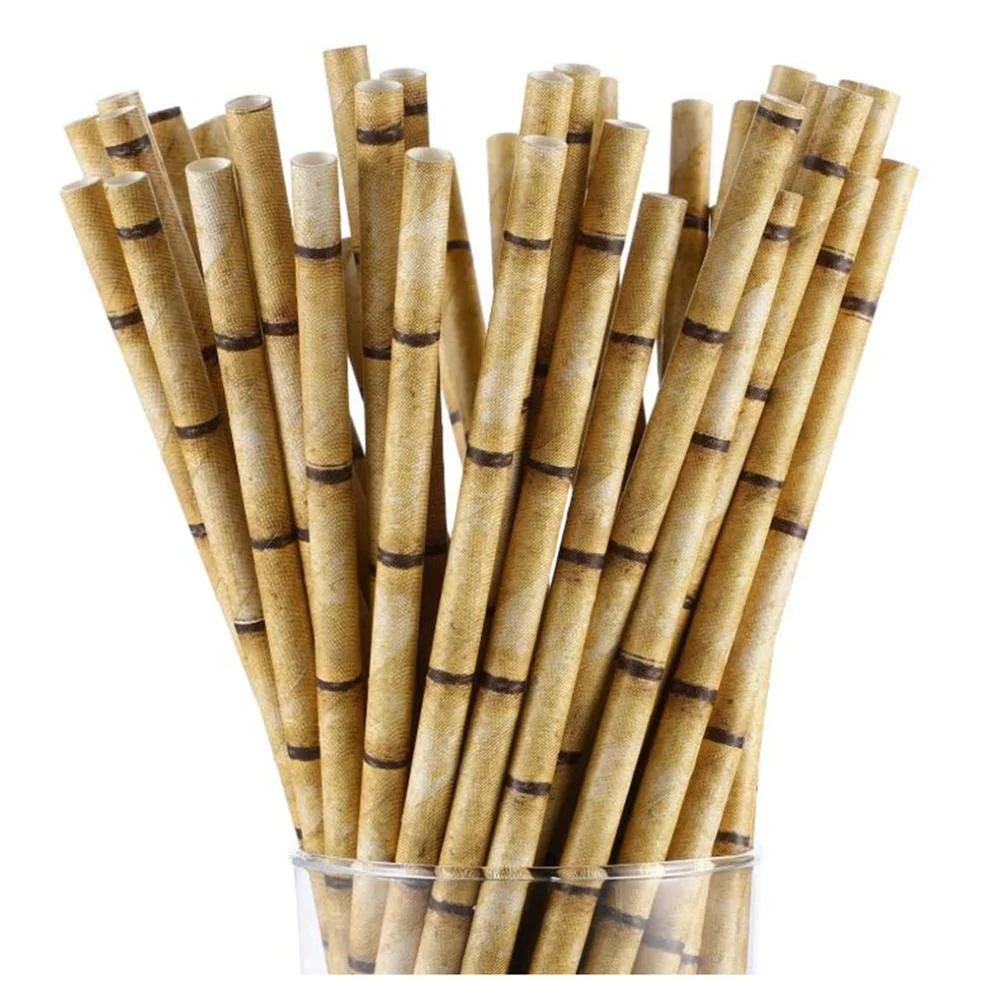 
Biodegradable Paper Straws Green Tan Bamboo Printed Paper Drinking Straws for Juices Shakes Party Supplies 