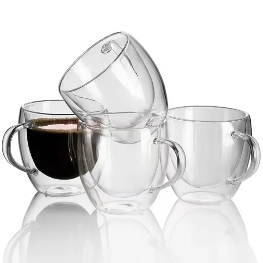 Good Quality clear 350ml reusable coffee cup glass borosilicate double wall glass drinking cup