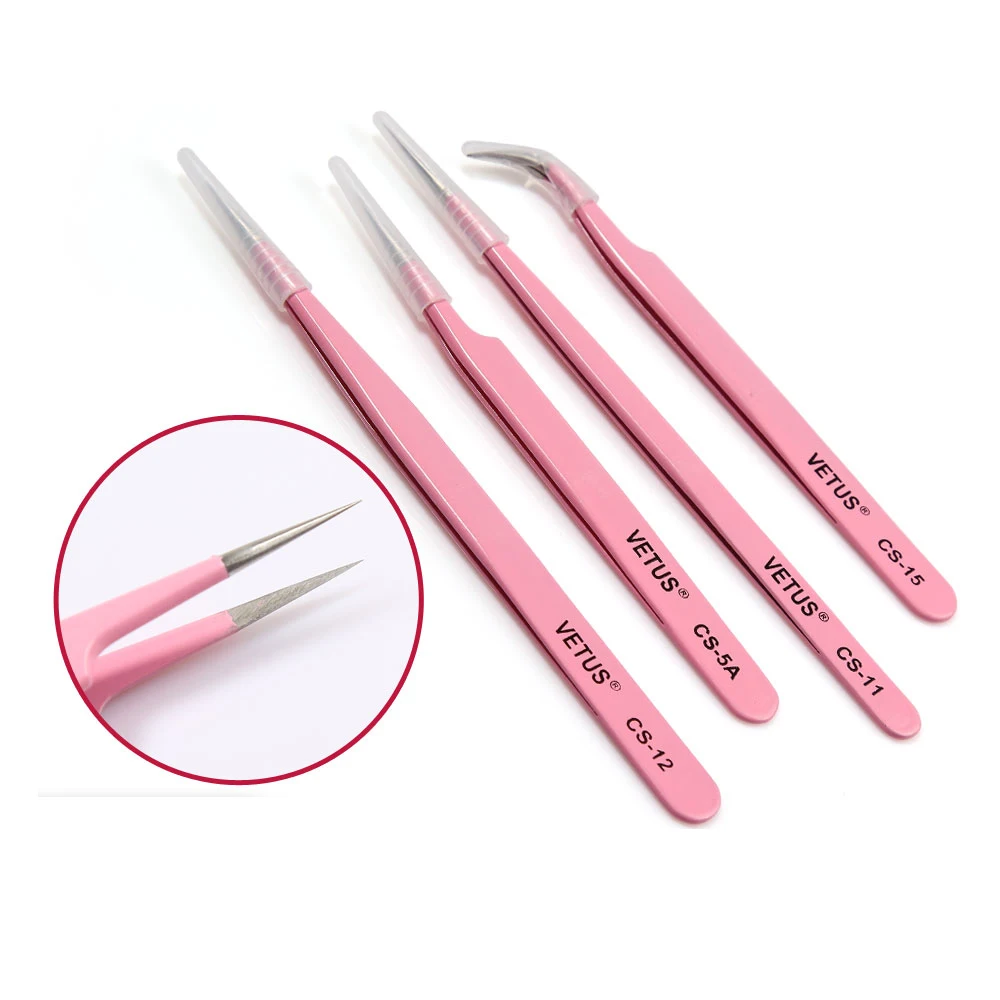 Vetus CS Series Pink Stainless Steel Tweezers for Eyelash Extensions Application