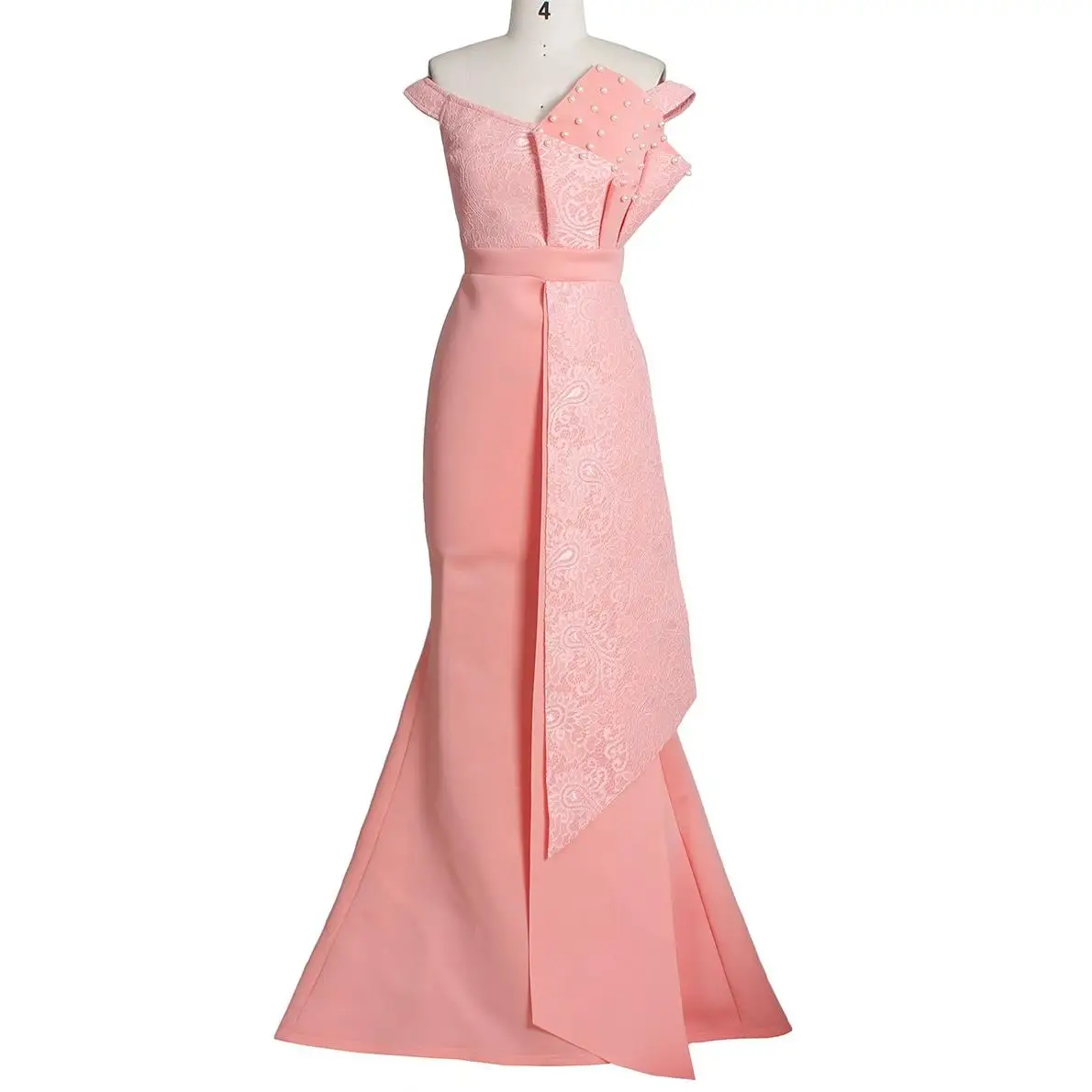 W76098 New Arrival Lace Slash Neck composite Front Handmade Ruffle Nail Beaded Luxury Evening Dresses Party Dress