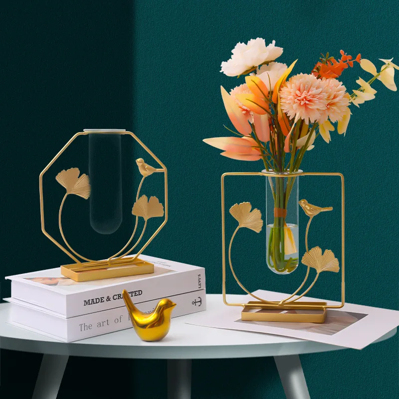 Home decoration nordic luxury ginkgo leaf iron glass hydroponics flower arrangement metal vase