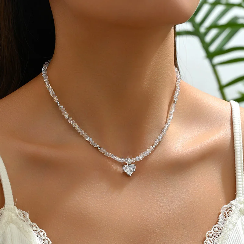 Minimalist bead crystal love necklace for women trendy Korean style cute pendant jewelry wholesale N241142