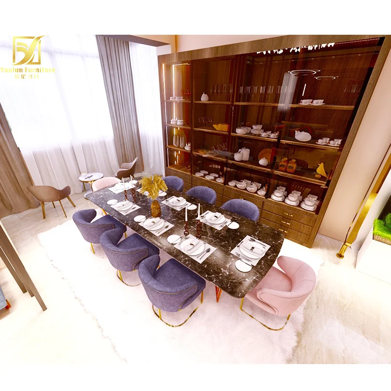 rectangular german 6 or 8 people seaters stainless steel legs marble top seater dining table set