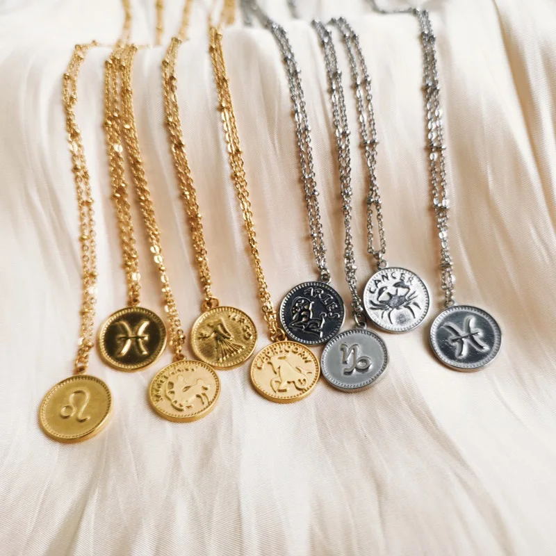 Fashion delicacy stainless steel Round zodiacn pendant necklace gold plated 18k charms waterproof women necklace jewelry