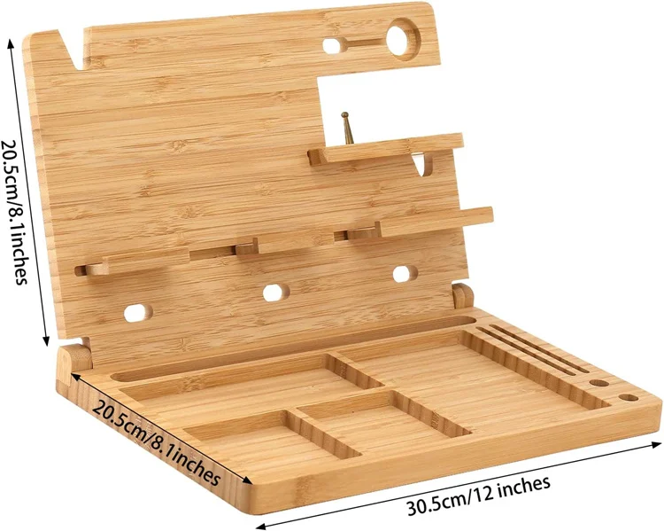 Wooden Nightstand Charging Station Bedside Table Organizer Foldable Cell Phone Stand Bamboo Docking Station for Men