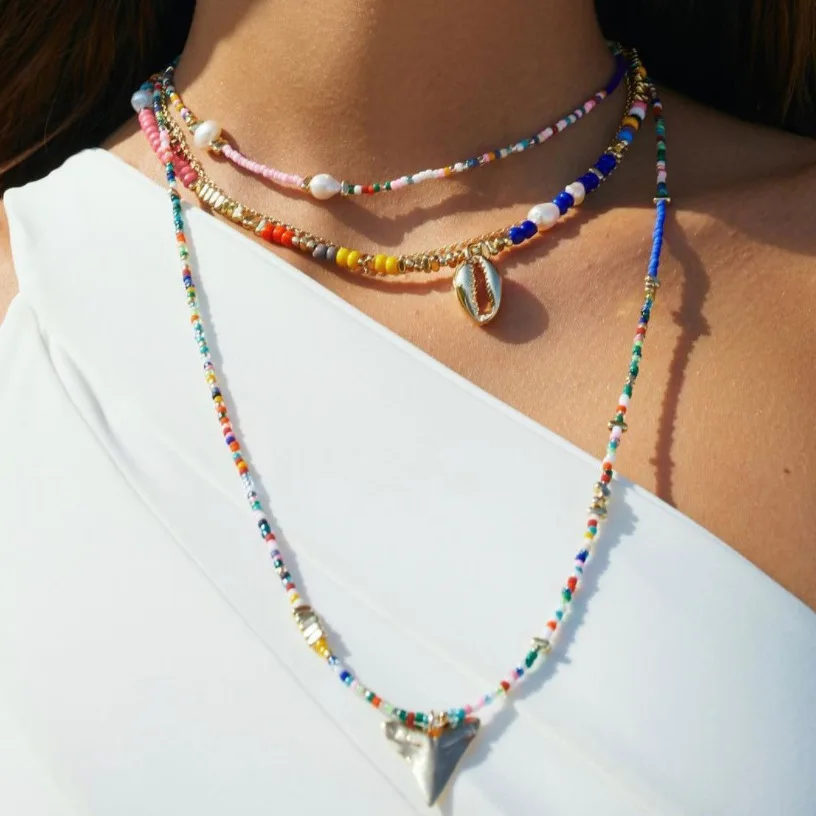 Boho красочные риса стеклянные бусины ожерелье в богемном стиле из нержавеющей стали, покрытой 18K позолоченный корпус в стиле барокко настоящая пресной воды Жемчужное ожерелье