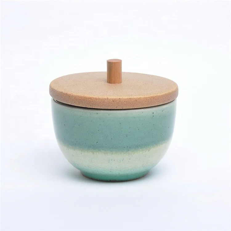 Hot sale kitchen food spice ceramic jar with wooden lid cheap handmade storage canister