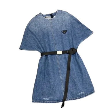 
 Новое дизайнерское платье с треугольным логотипом и круглым вырезом, синее джинсовое роскошное платье для известных брендов женской одежды, оптовая продажа  