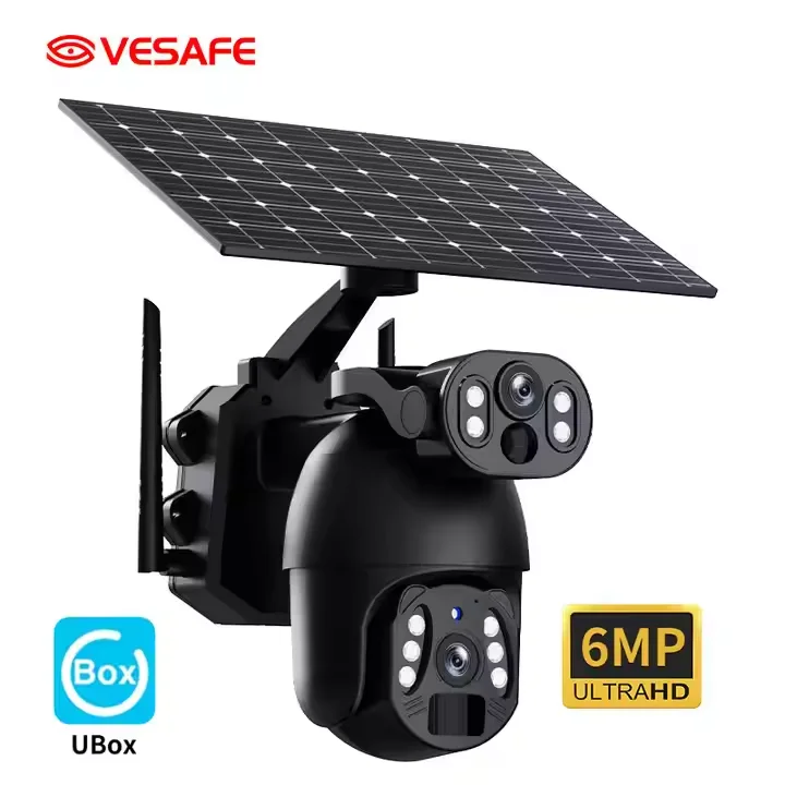 VESAFE Low Power UBOX Wireless 6W Solar Camera 6MP Dual Lens Alarm PTZ Solar Panel Camera 4G Sim Card