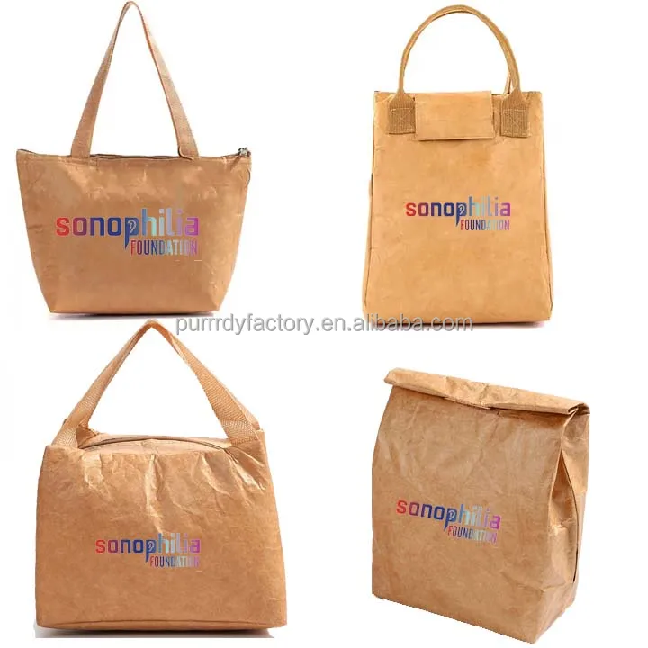 Custom Logo Eco Reusable Waterproof Large Mini Capacity Thermal Insulated Cooler Freezable Brown Paper Tyvek Lunch Bag For Women