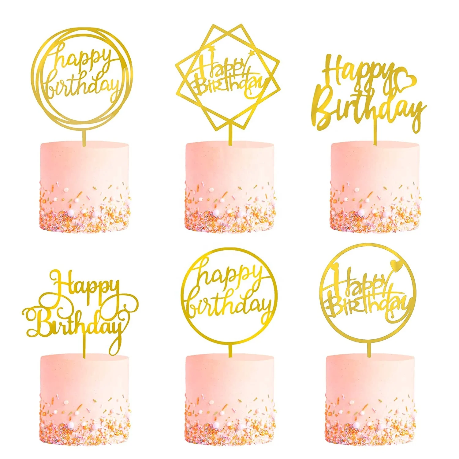 Beautiful Many Gold Style Acrylic Cake Topper Geometry Round Letter Cake Toppers Happy Birthday Wedding Party Cupcake Toppers