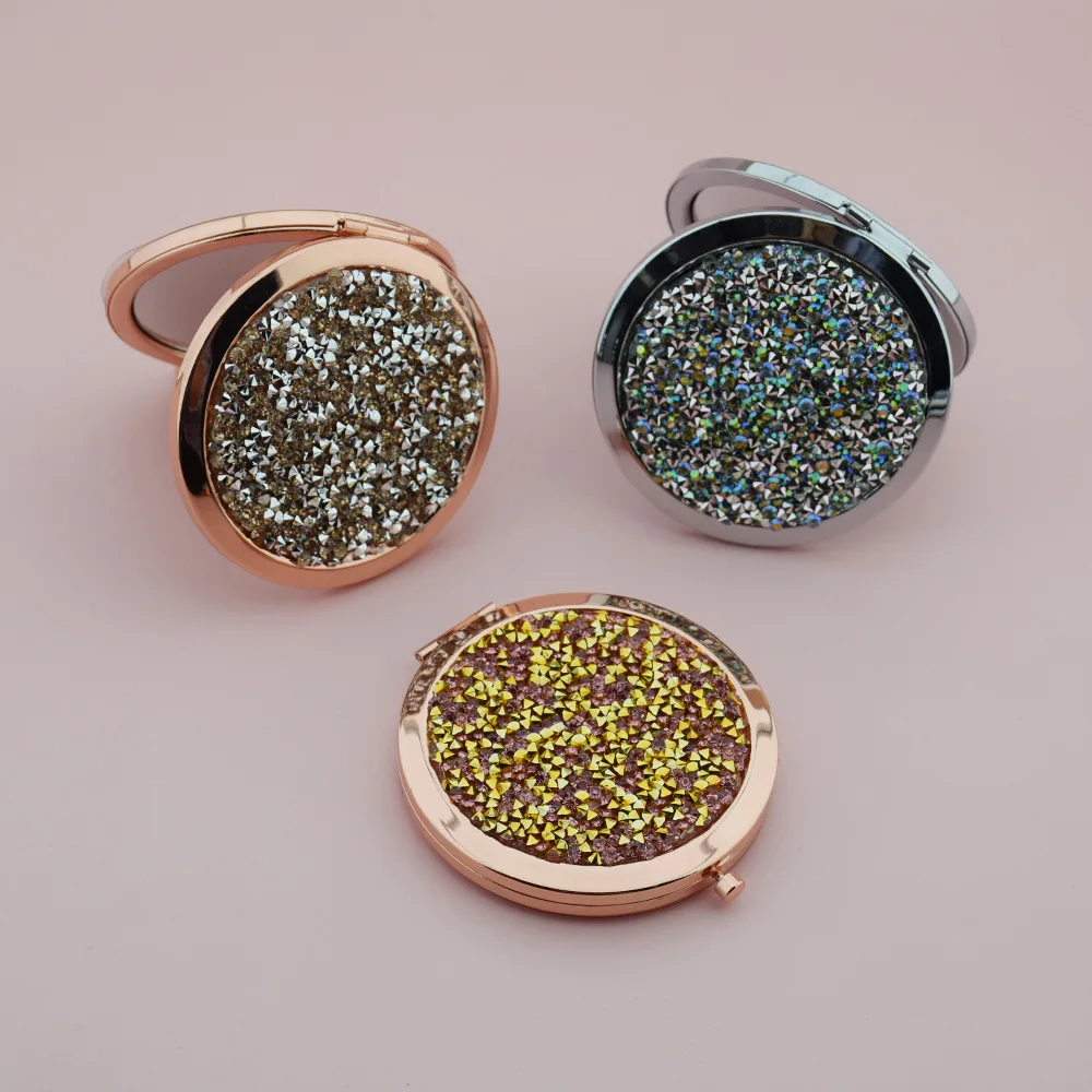 Custom Bling Crystal Rhinestone Diamond Portable Mini Folding Round Pocket Makeup 1x 2x Magnifying Mirrors Gold Silver Compact