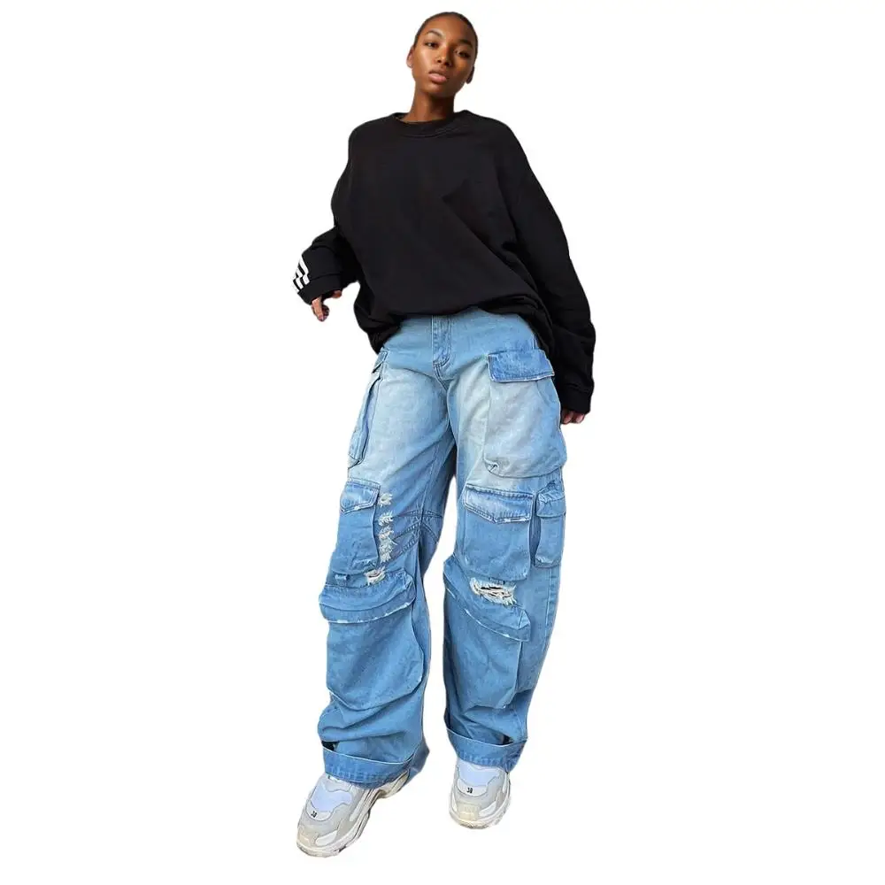 D0202TA17 New Arrival High Waist Patchwork Old Fashioned Gradient Ripped Cargo Pants Sehe Fashion