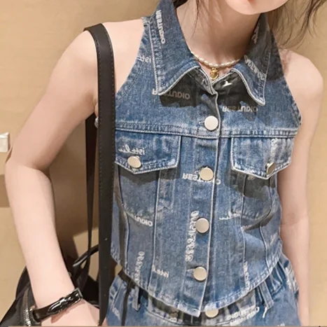 Korean Style Children Girl Suit Little Girl Sleeveless Vest children jean set clothes custom 2 piece outfit girls clothing suit