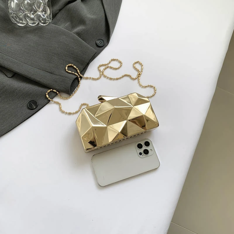2024 New Design Fashion Gold Geometric Metal Frame Evening Cutch Bags For Women Cross-body Purses Lady Wedding Dinner Bags