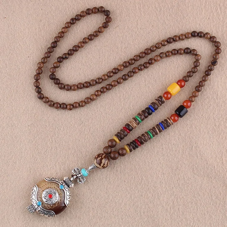 Hot Sale Women Long Bodhi Feather Elephant Pendant Handmade Boho Mala Wood Bead Necklace Statement