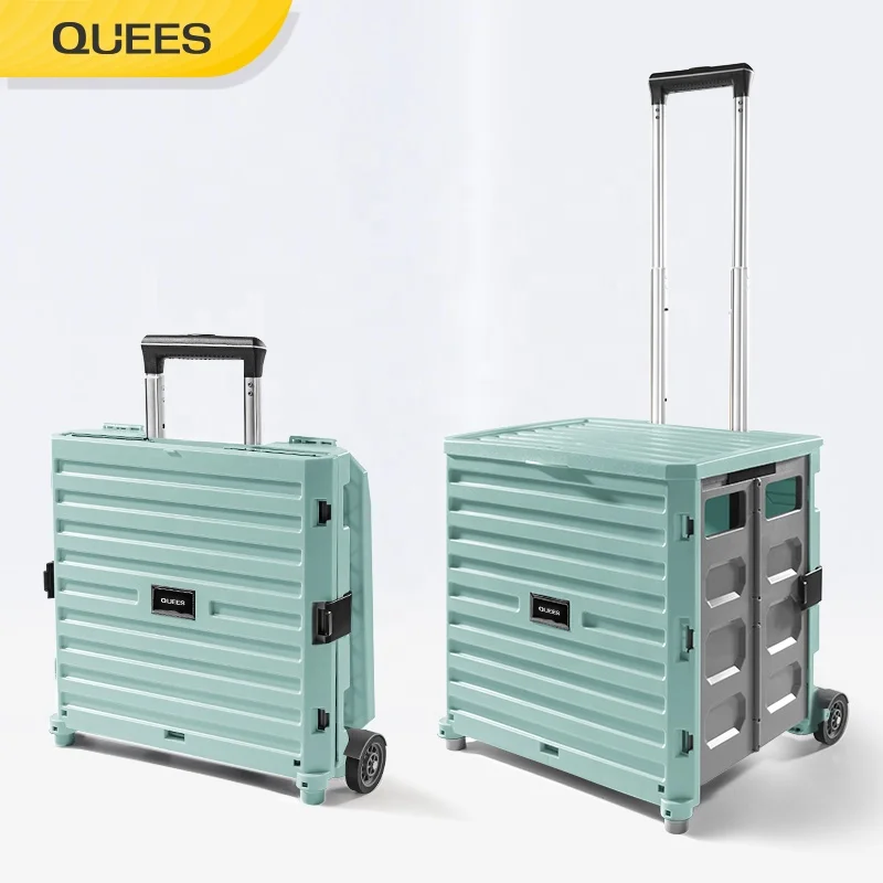 Quees Hot sale supermarket plastic portable foldable luggage cart folding shopping trolley shop bags price