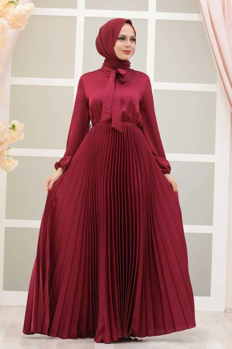 Latest Abaya Designs Elegant Plain High-waisted Slim-fit Accordion Pleated Skirt With Tie Design Maxi Women Muslim Dress