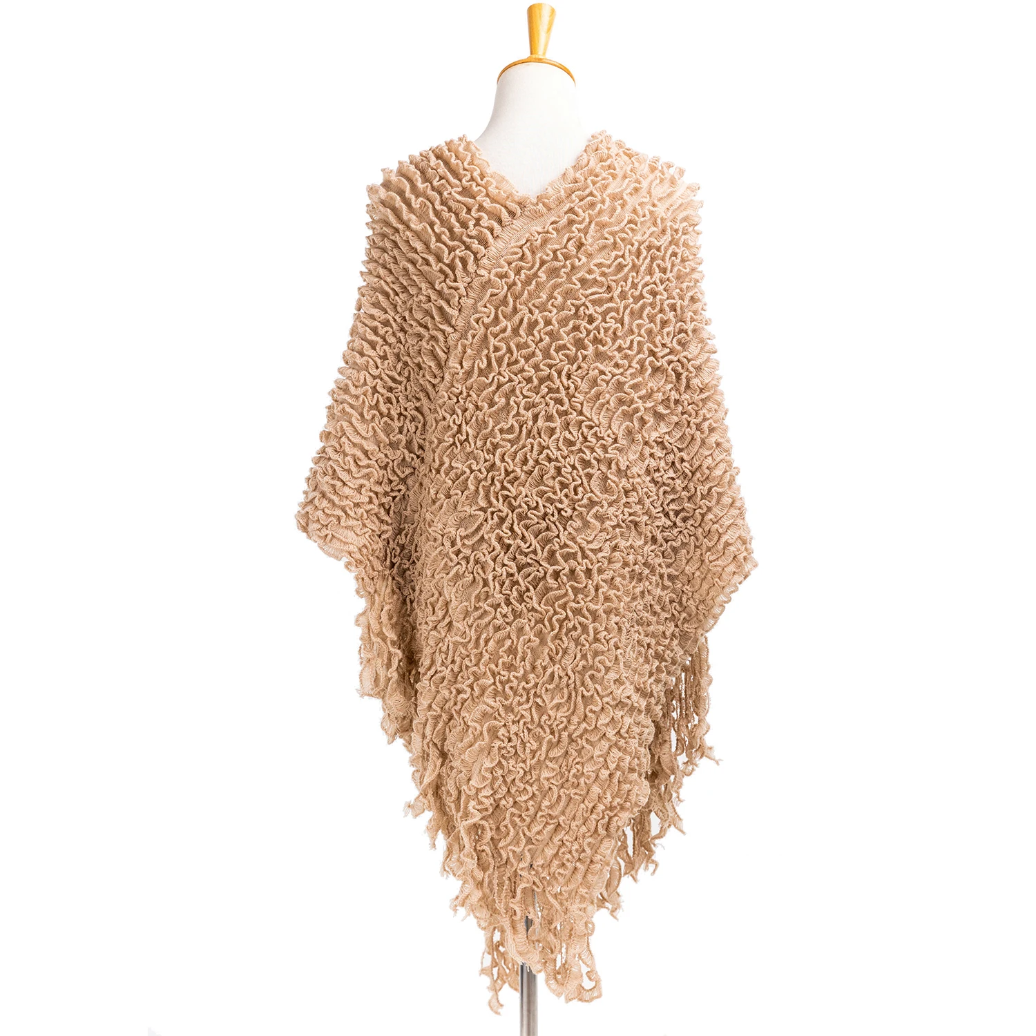 Spring Autumn Winter Woman Lady Fashion Poncho Warp knit crinkle V neck Pullover Oversize Wraps Ruffled Bat wing shape Shawl