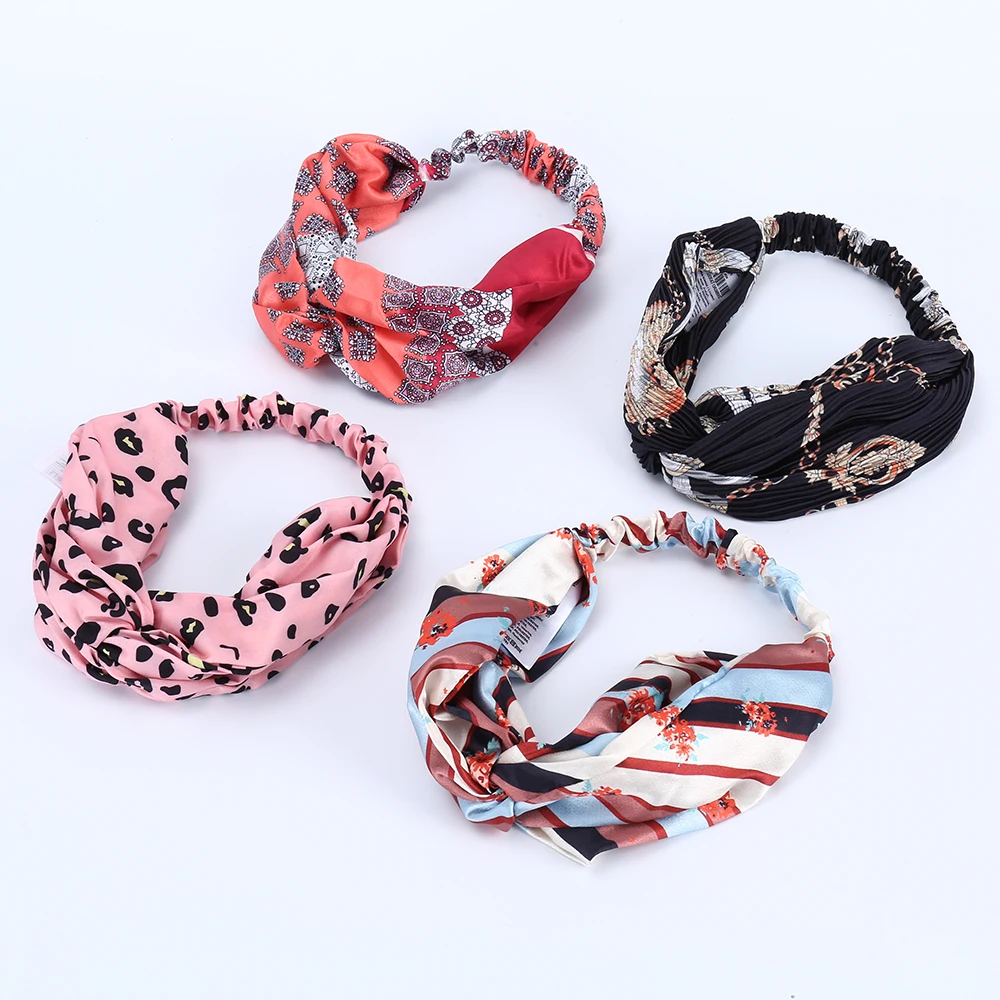 Elastic cloth Solid polyester head wraps Fabric headband satin Women Knitted girls makeup hair bands turban with twist knot